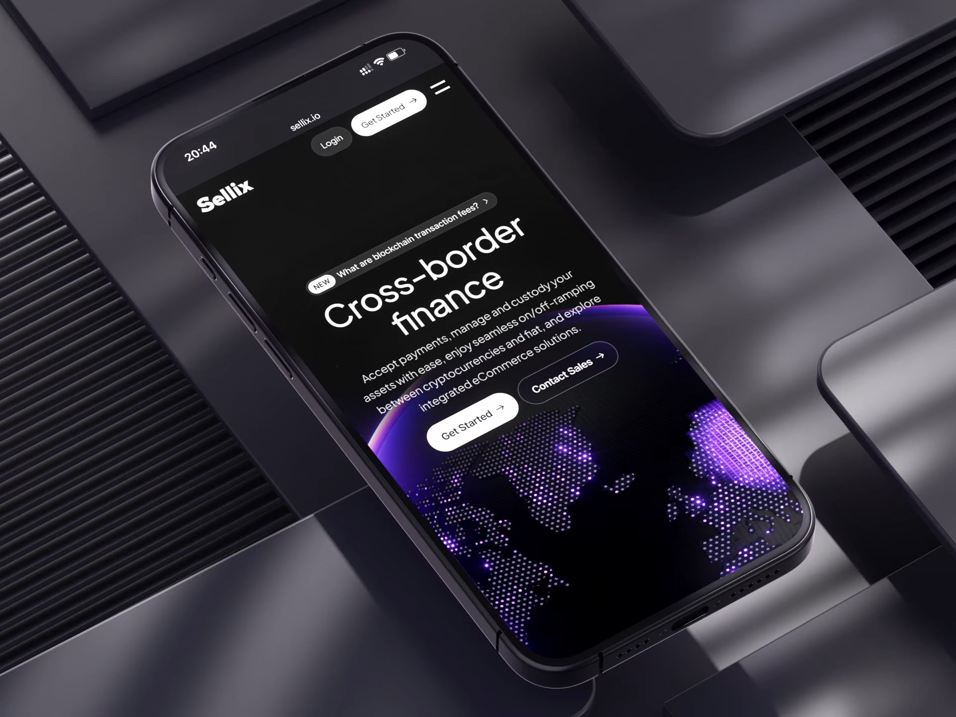 The Sellix front page playing on a phone, open on cross-border finance.