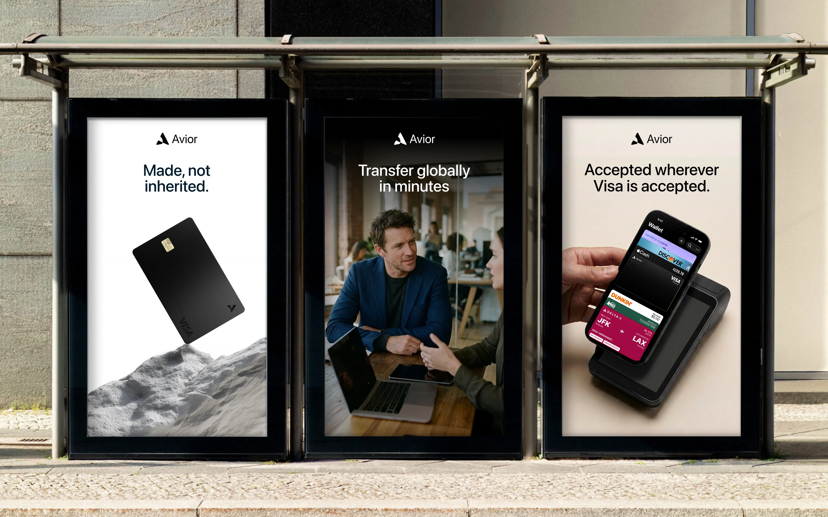 The Avior mark at poster size, printed and pasted in a row.
