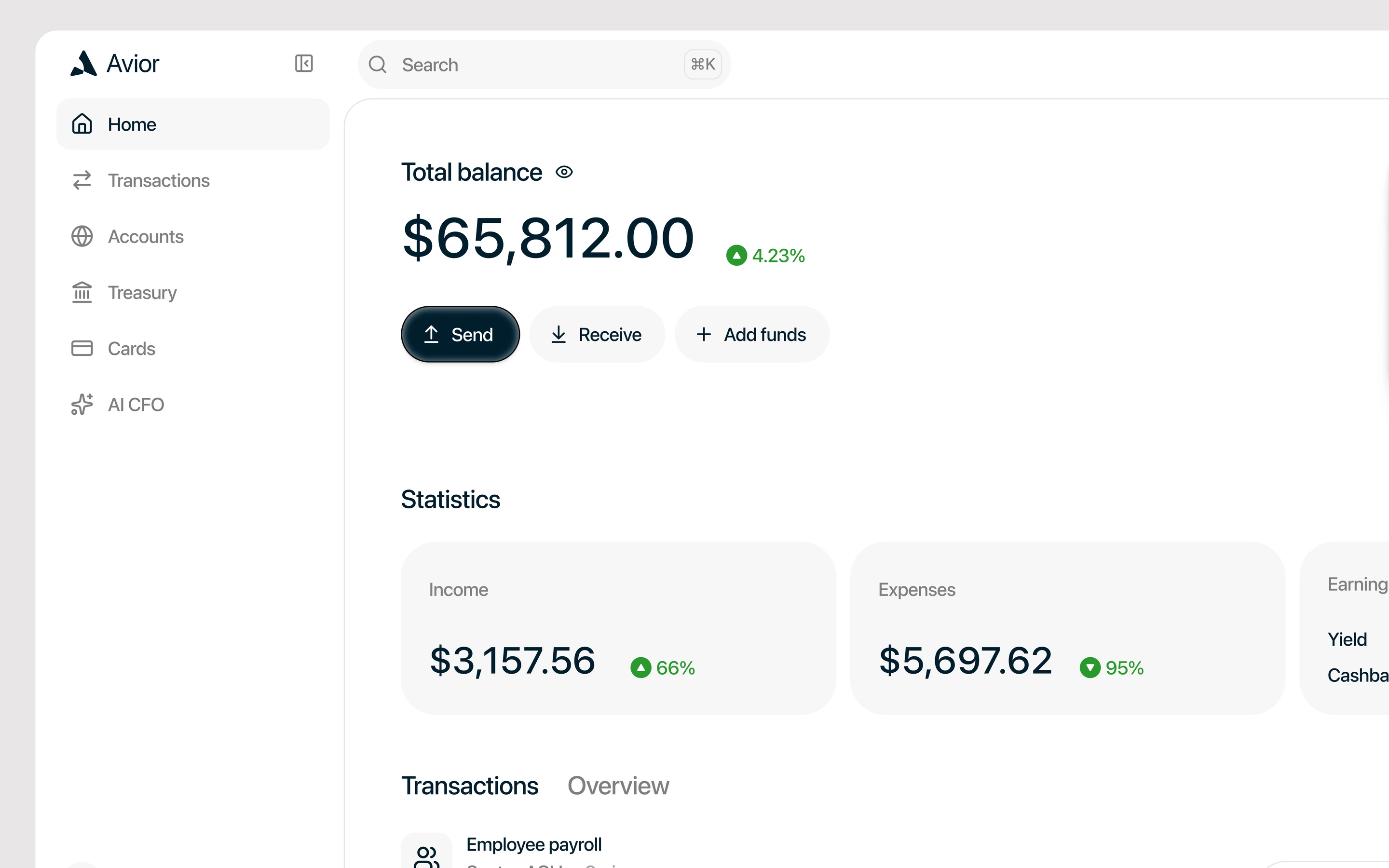 The Avior dashboard.