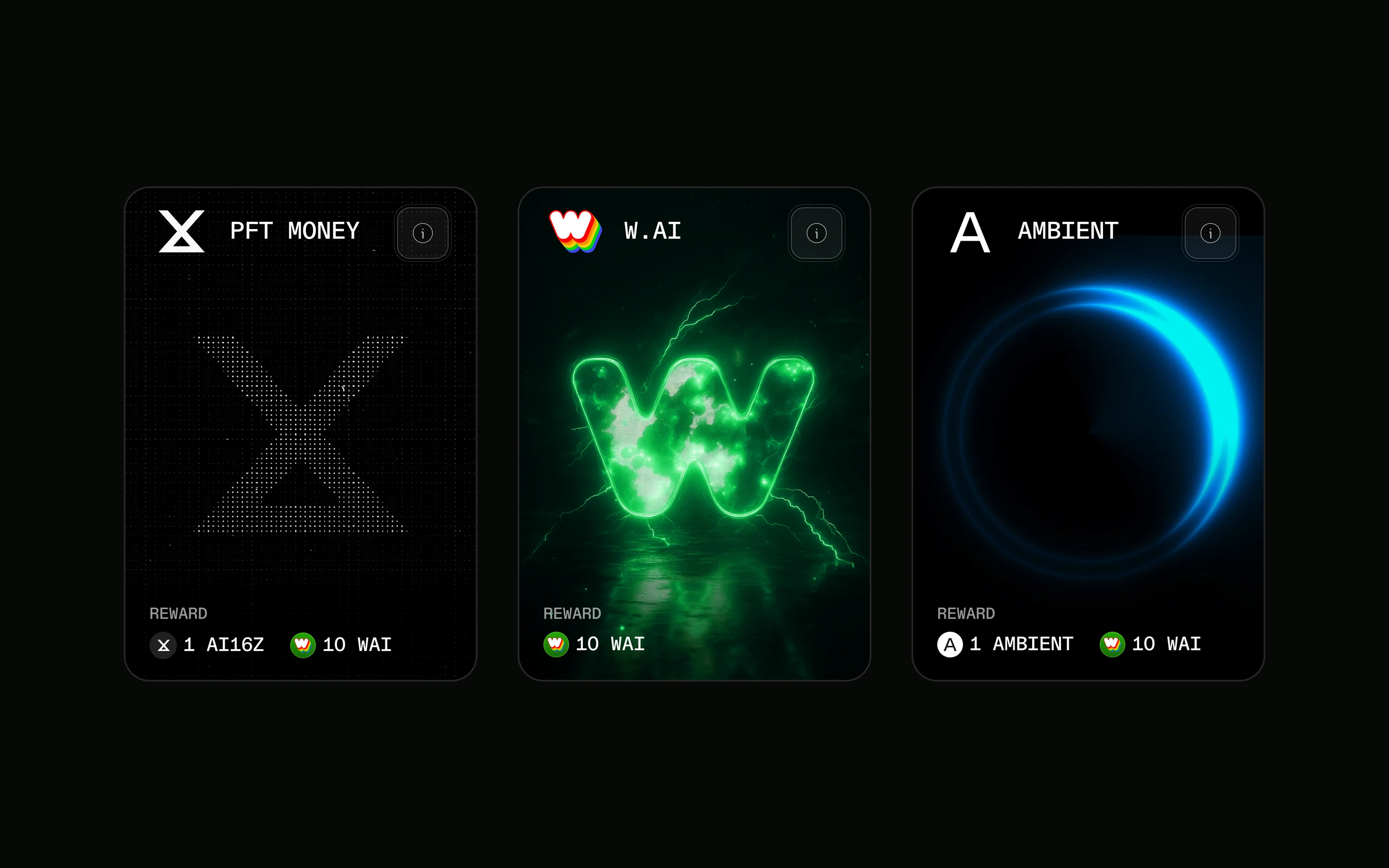 Three W.AI reward cards, off one component.