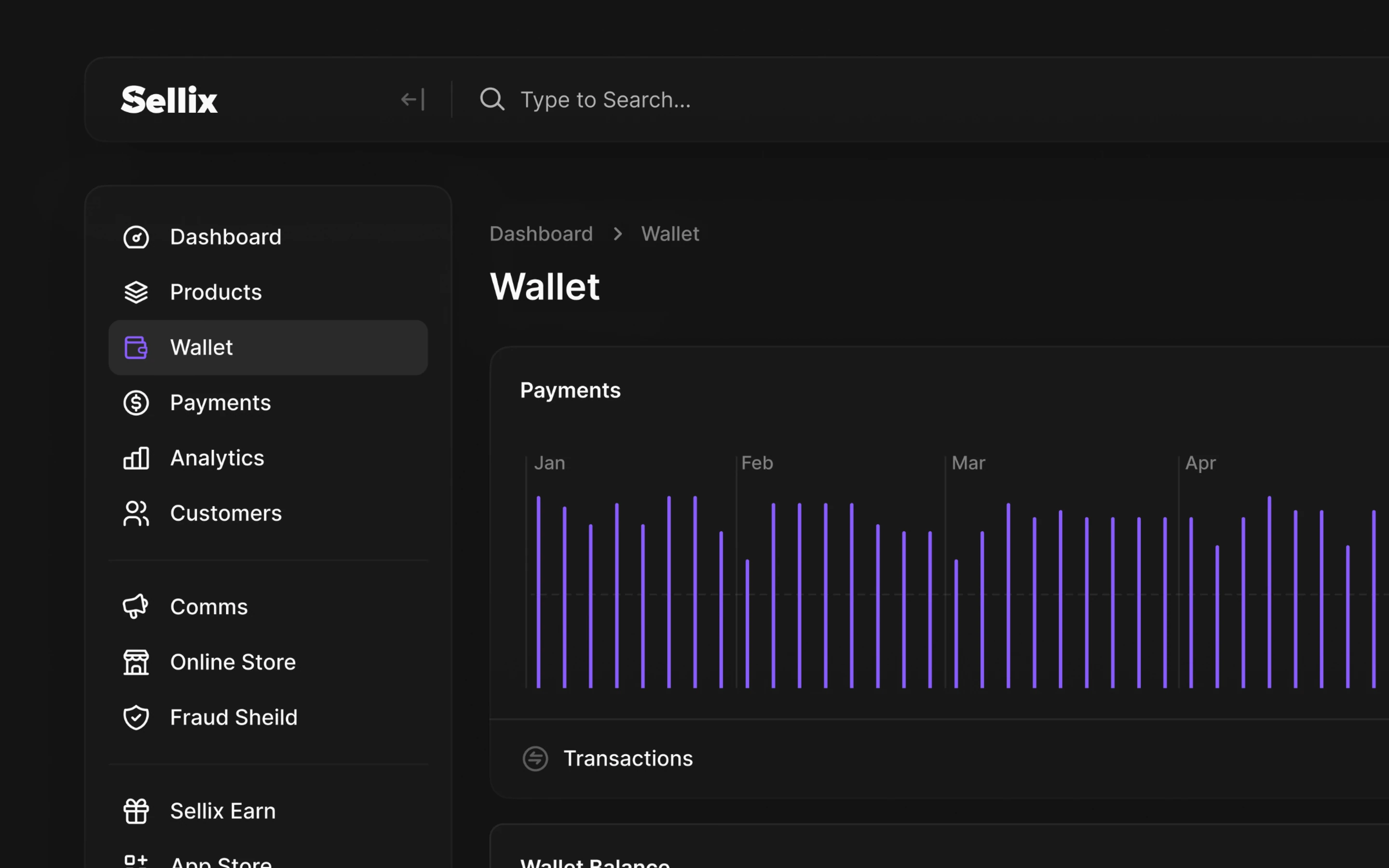 The Sellix wallet, its payments laid out month by month.