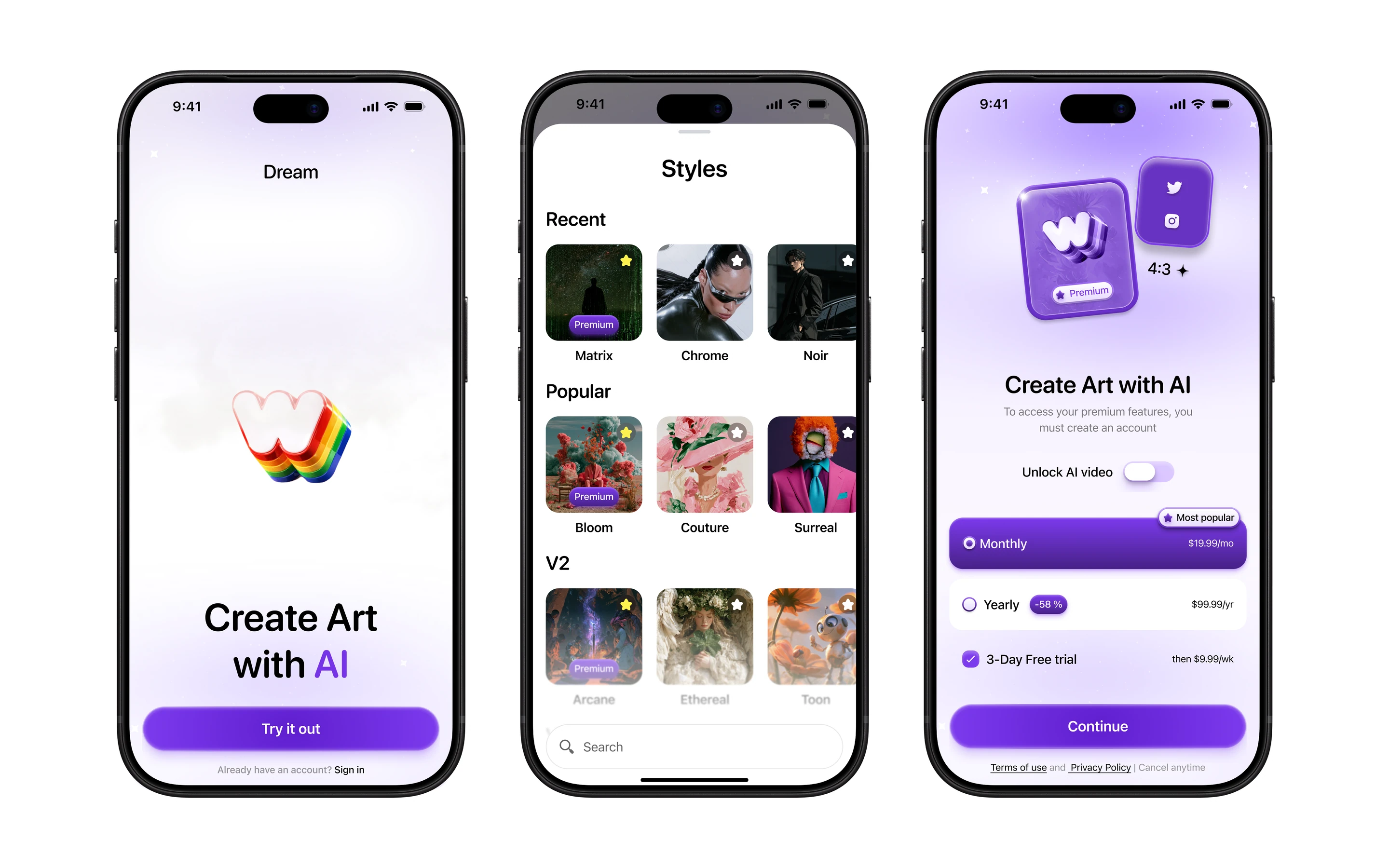 The Dream app, sold on three phones: create art with AI.